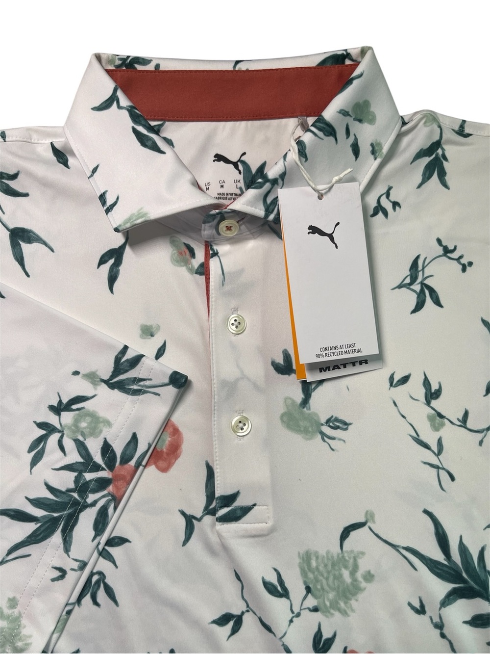Puma Mattr Floral Golf Polo Shirt Mens Medium M White Glow 632261 01 NWT UPF 40